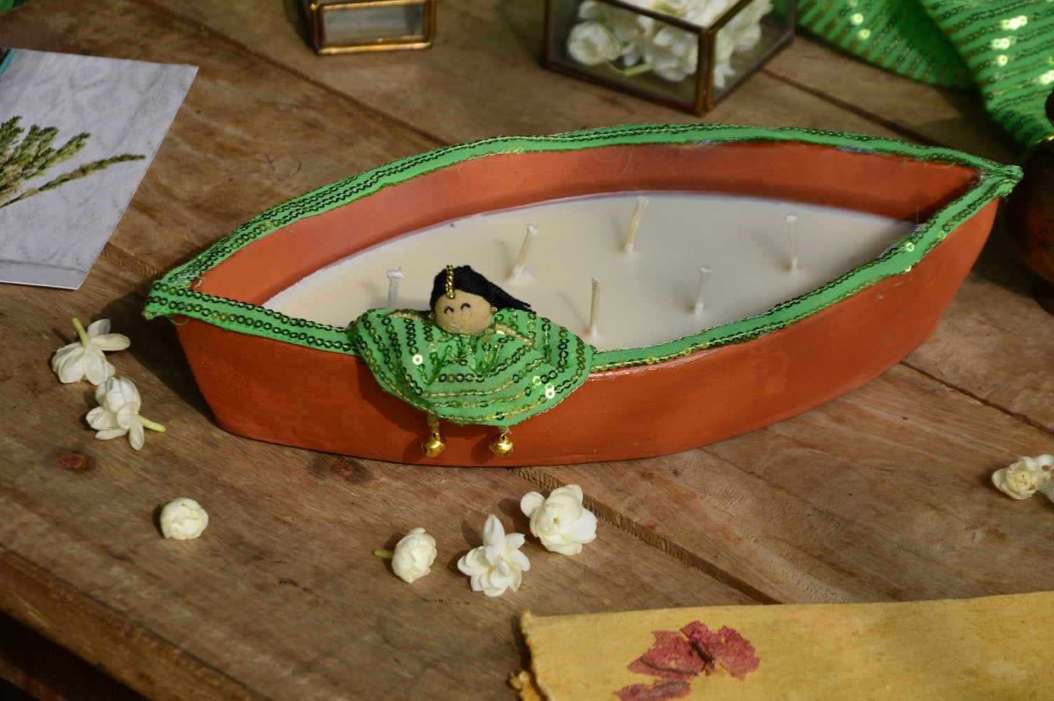 Ganga | Sequin Green Terracotta Boat Candle