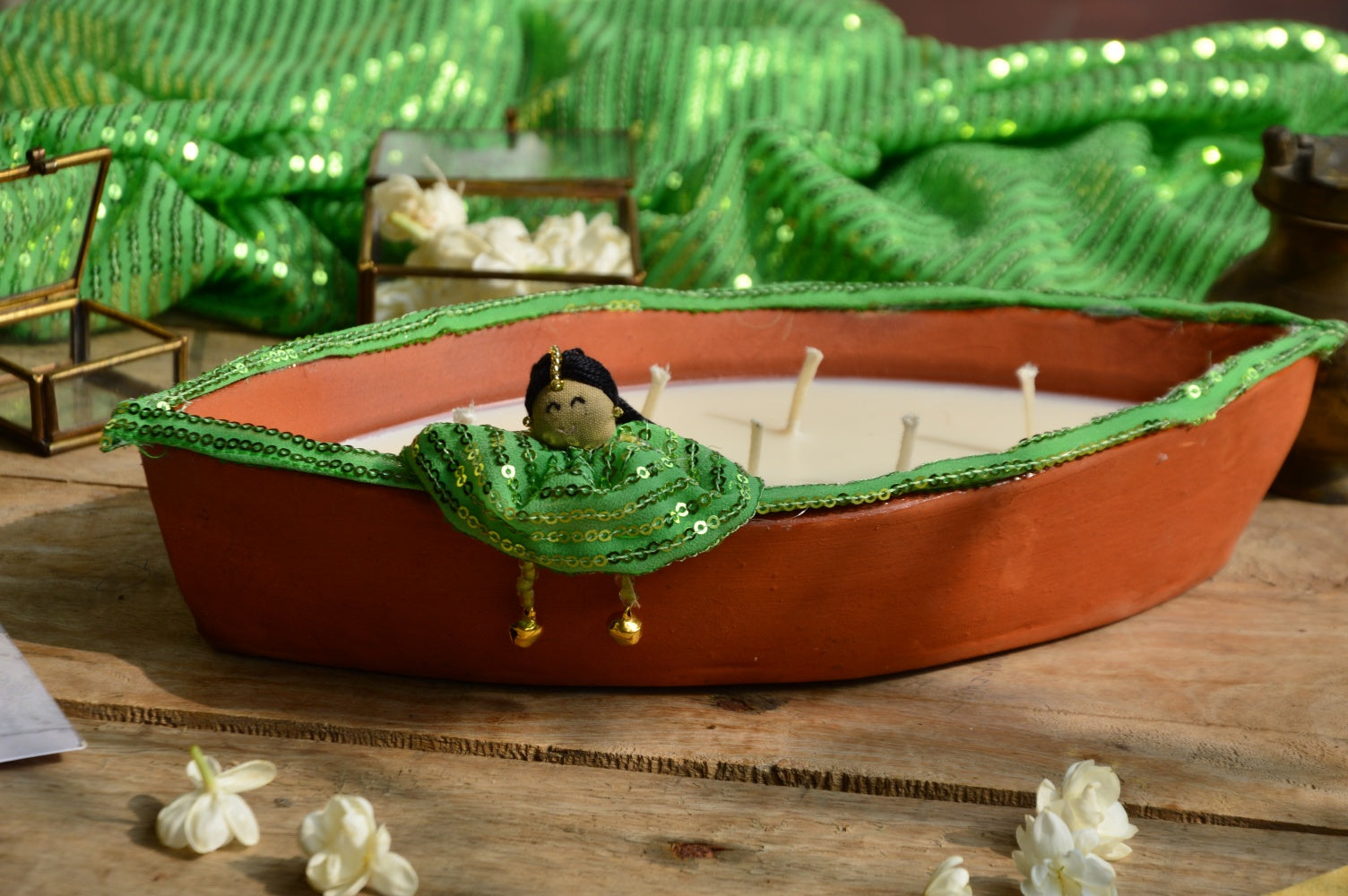 Ganga | Sequin Green Terracotta Boat Candle