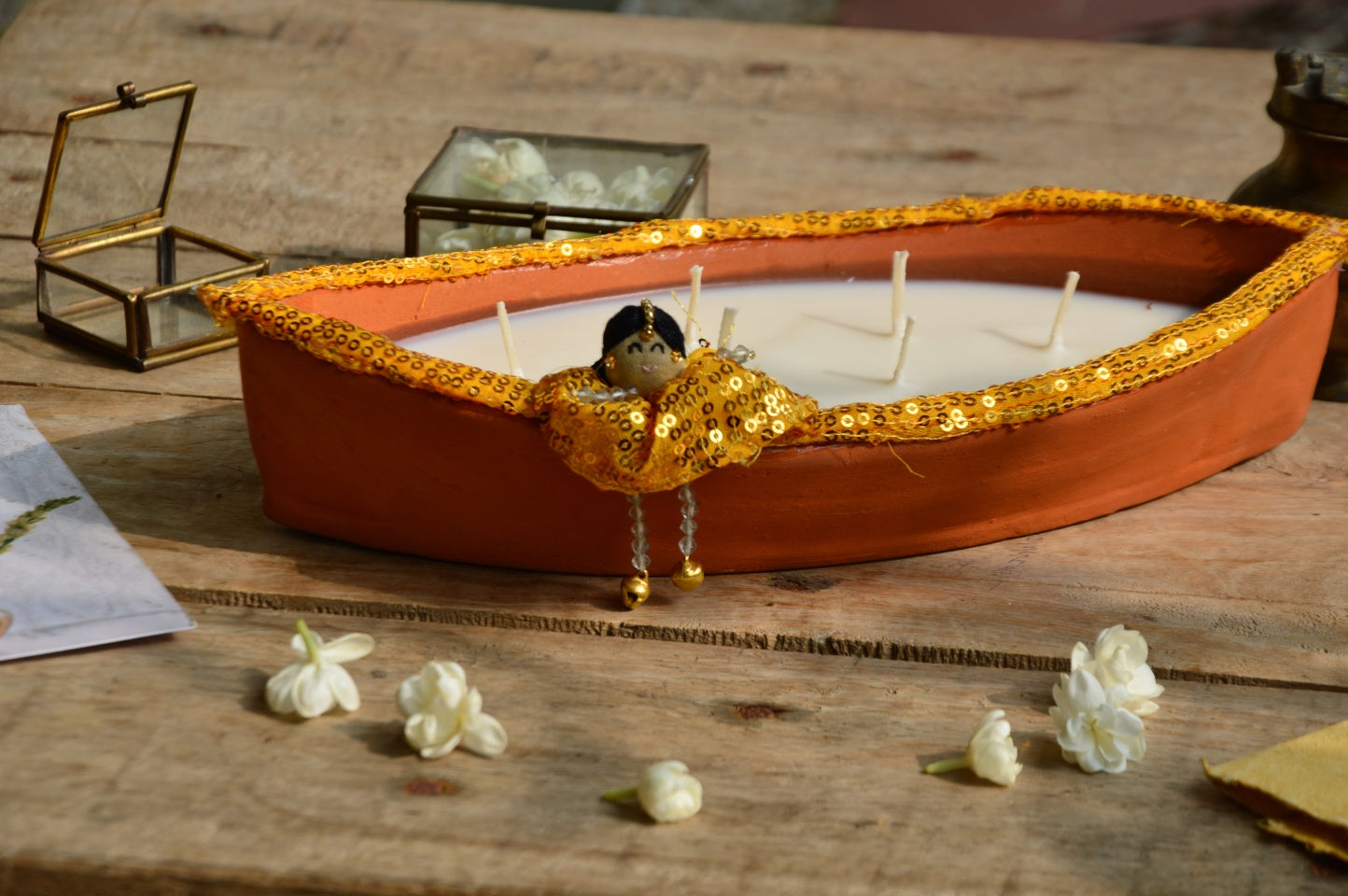 Ganga | Sequin Yellow Terracotta Boat Candle