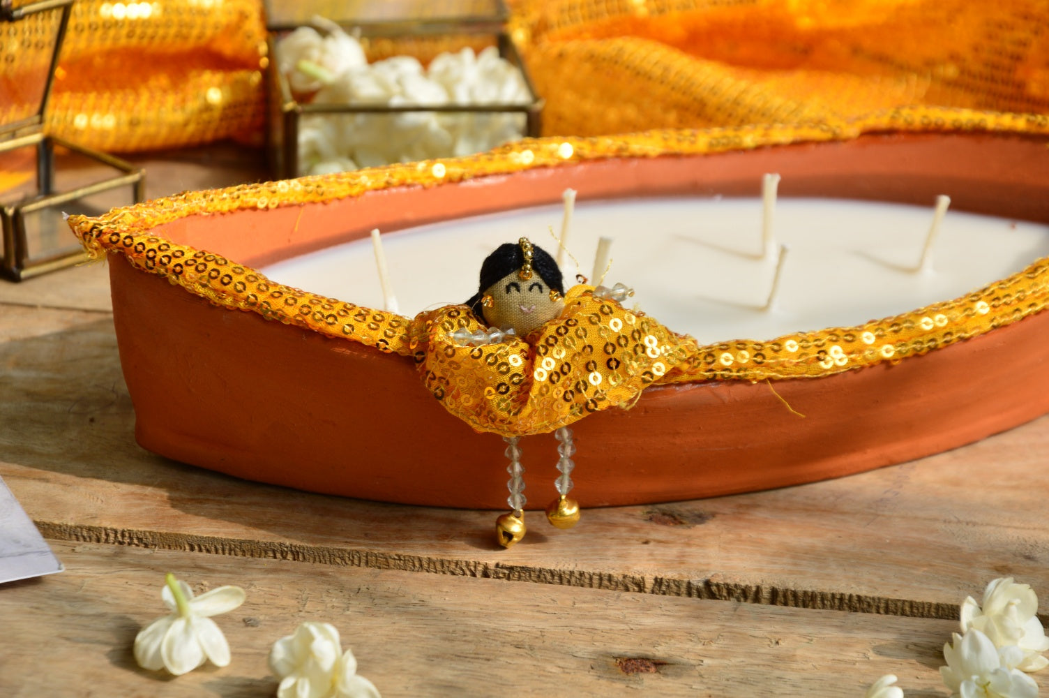 Ganga | Sequin Yellow Terracotta Boat Candle