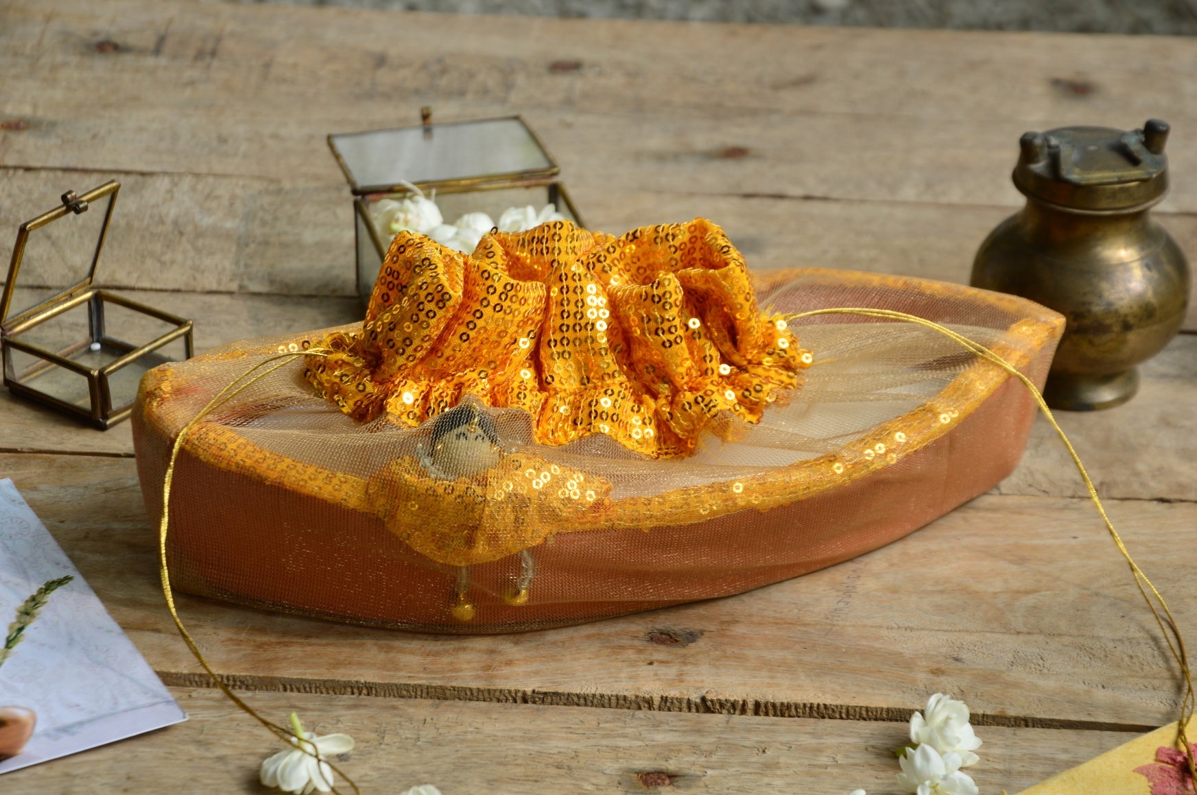 Ganga | Sequin Yellow Terracotta Boat Candle