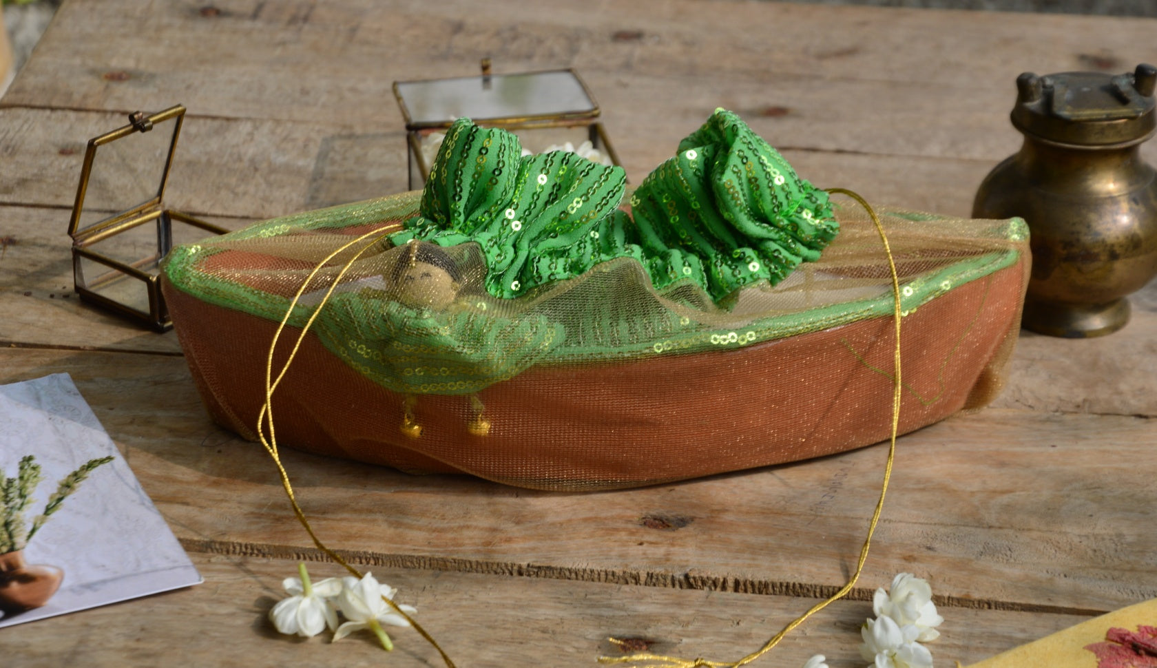 Ganga | Sequin Green Terracotta Boat Candle