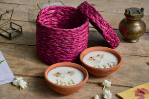 Birds of a feather terracotta candles in a basket | Sustainable Gifts | Pink Basket