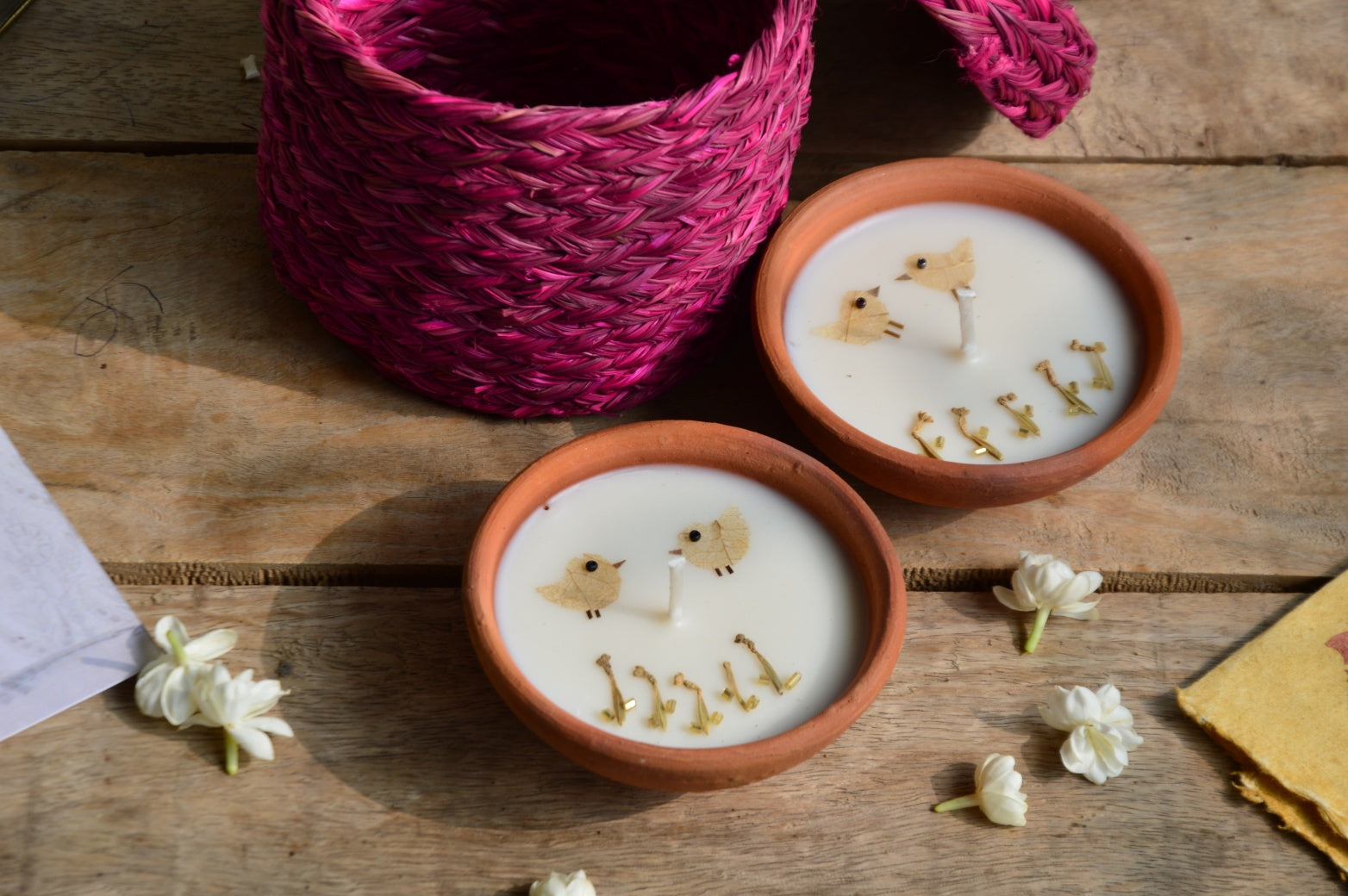 Birds of a feather terracotta candles in a basket | Sustainable Gifts | Pink Basket