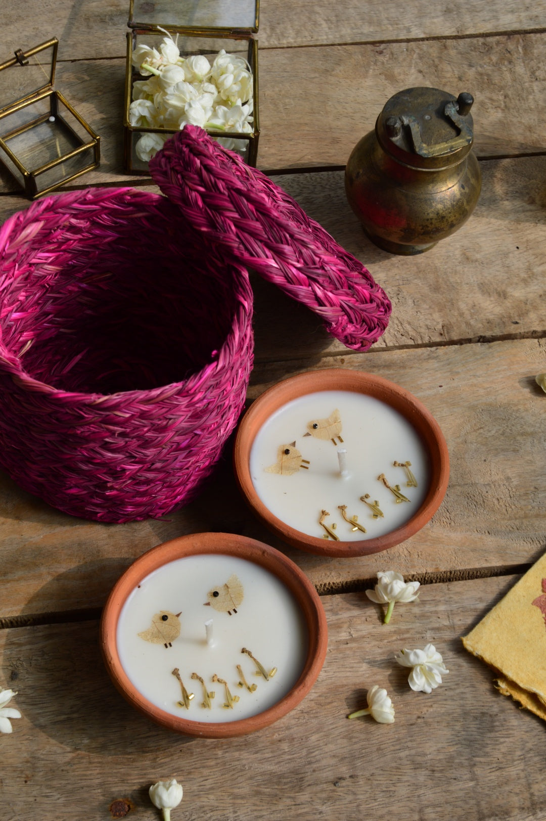Birds of a feather terracotta candles in a basket | Sustainable Gifts | Pink Basket
