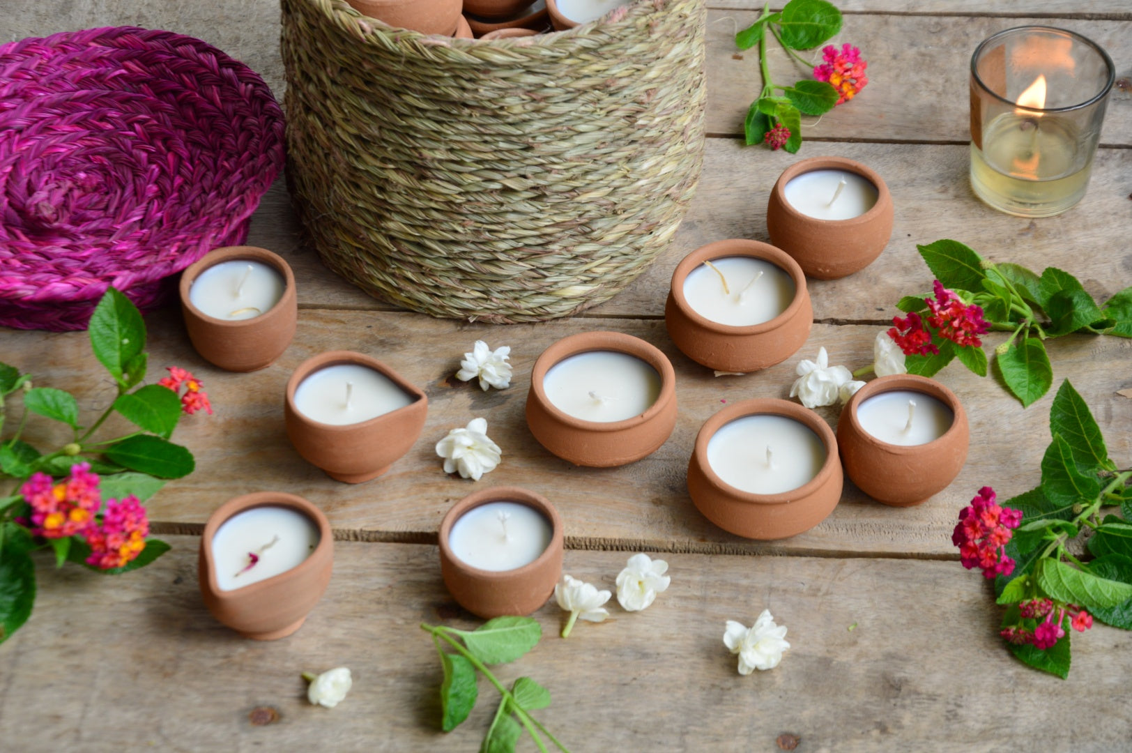 Basket of Terracotta Tealight Candles