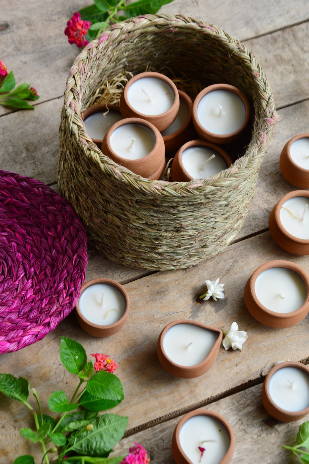 Basket of Terracotta Tealight Candles