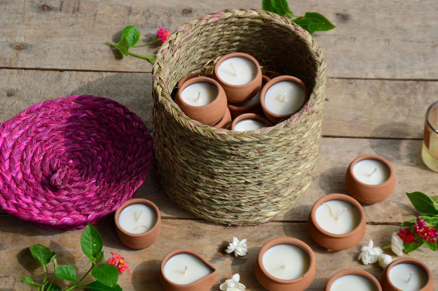 Basket of Terracotta Tealight Candles