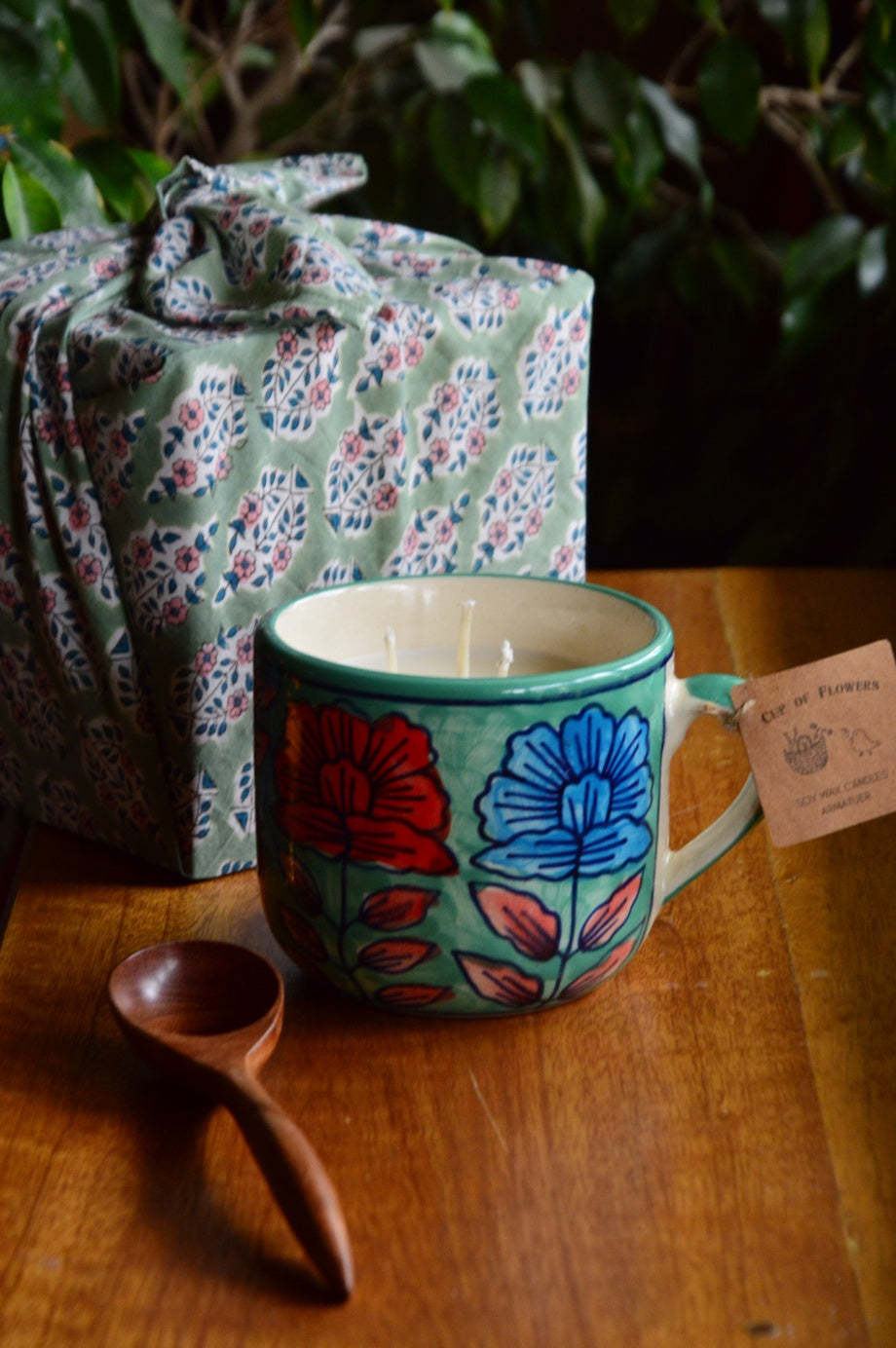 Cup of Flowers | 3 Wick Candle in a Ceramic Soup Mug | Green Furoshiki Gift