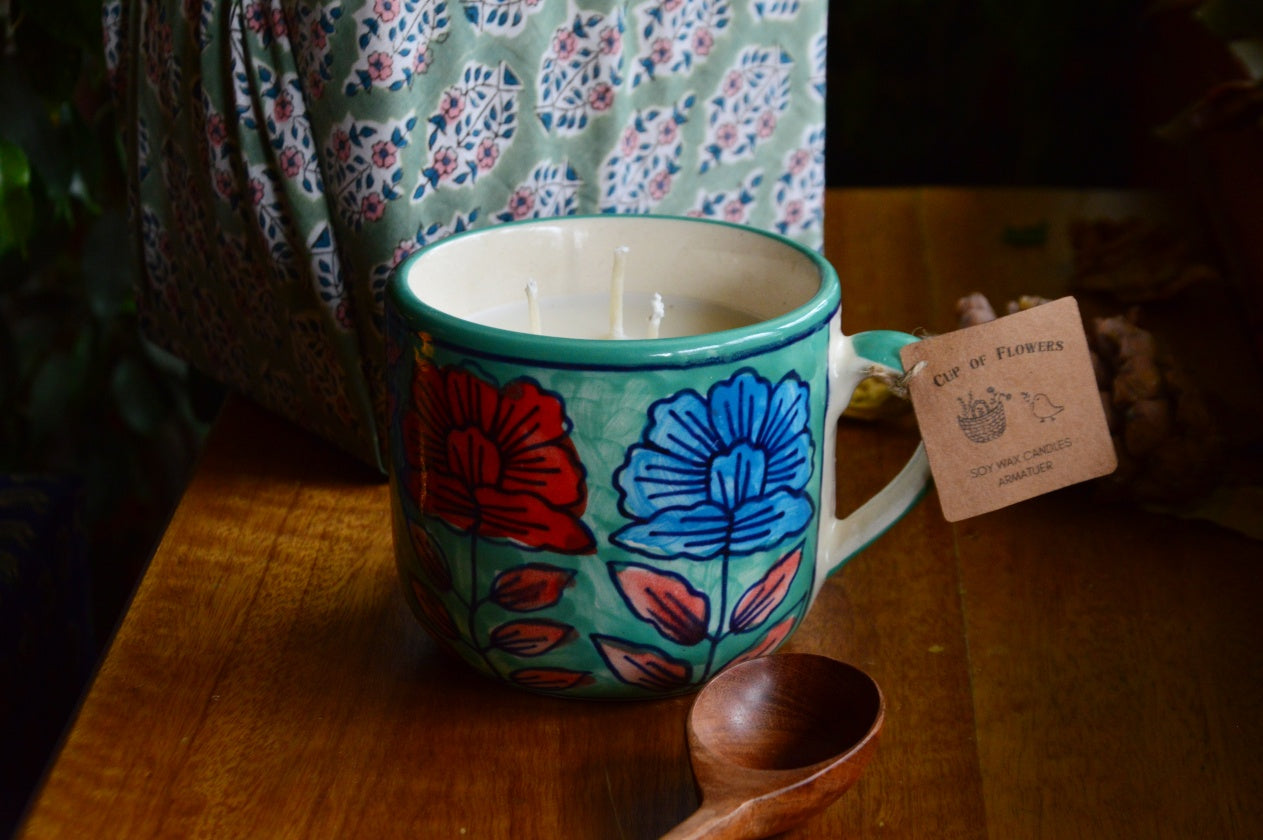 Cup of Flowers | 3 Wick Candle in a Ceramic Soup Mug | Green Furoshiki Gift