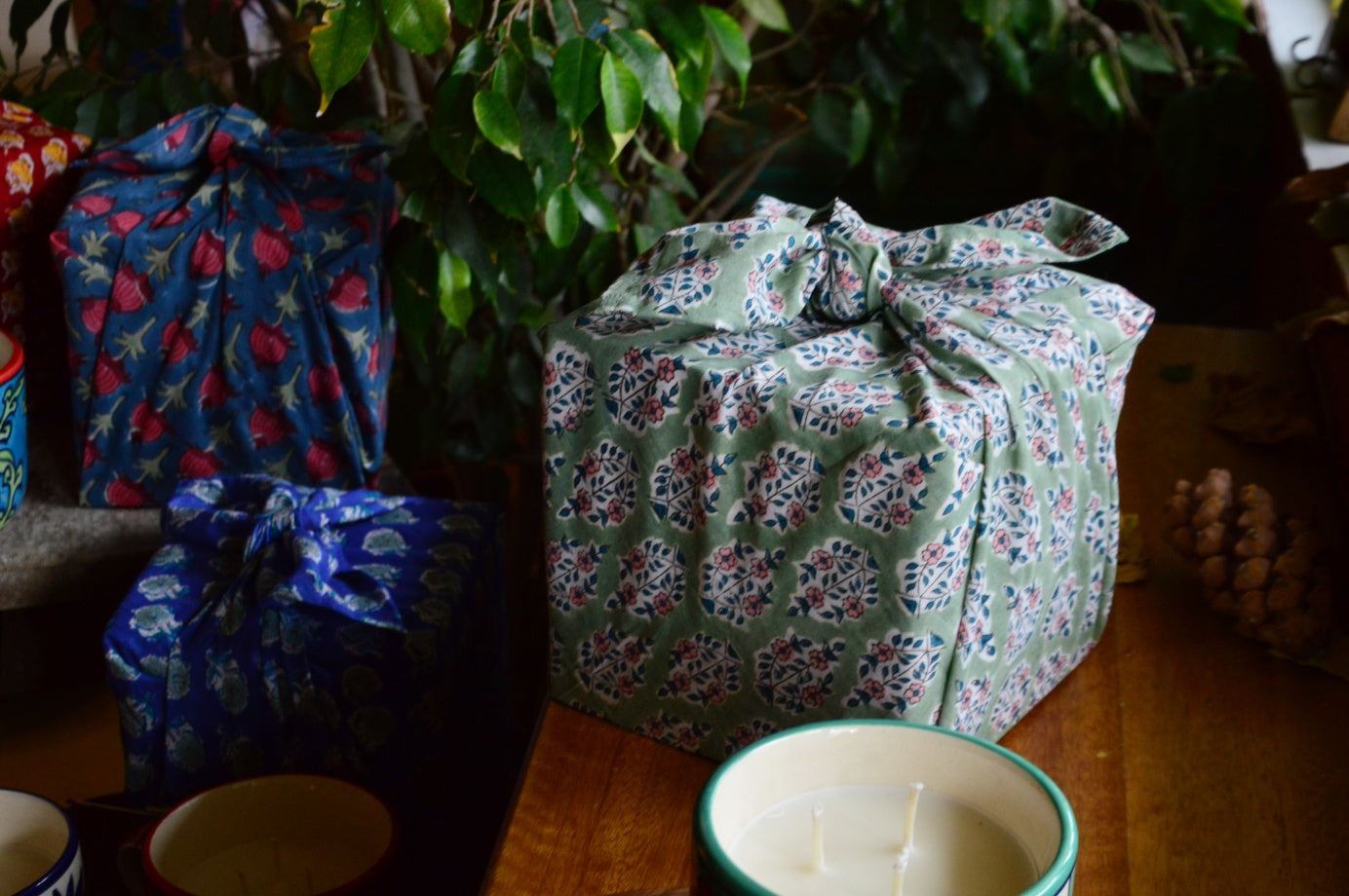 Cup of Flowers | 3 Wick Candle in a Ceramic Soup Mug | Green Furoshiki Gift