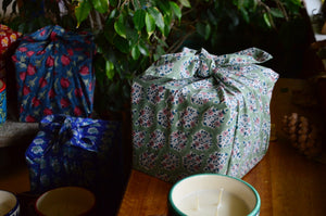 Cup of Flowers | 3 Wick Candle in a Ceramic Soup Mug | Green Furoshiki Gift