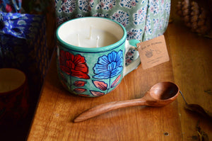 Cup of Flowers | 3 Wick Candle in a Ceramic Soup Mug | Green Furoshiki Gift