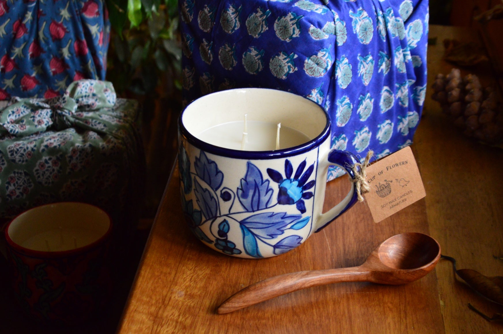 Cup of Flowers | 3 Wick Candle in a Ceramic Soup Mug | Dark Blue Furoshiki Gift