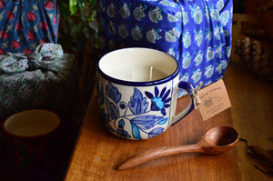 Cup of Flowers | 3 Wick Candle in a Ceramic Soup Mug | Dark Blue Furoshiki Gift