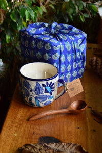 Cup of Flowers | 3 Wick Candle in a Ceramic Soup Mug | Dark Blue Furoshiki Gift