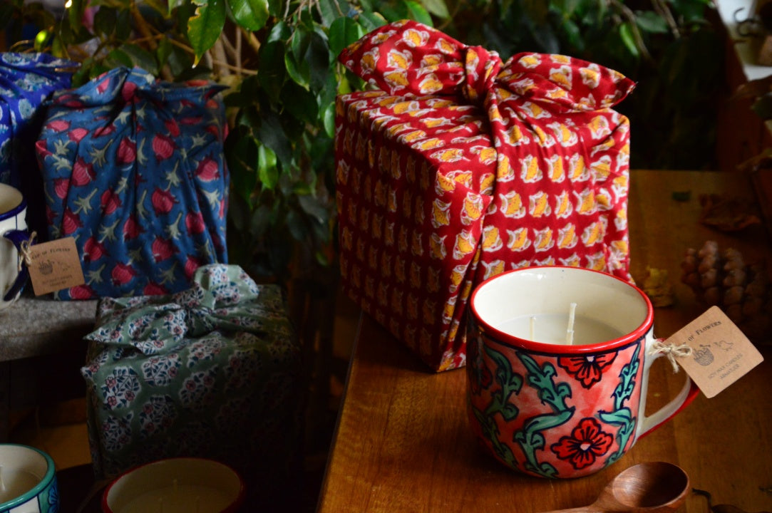 Cup of Flowers | 3 Wick Candle in a Ceramic Soup Mug | Red Furoshiki Gift