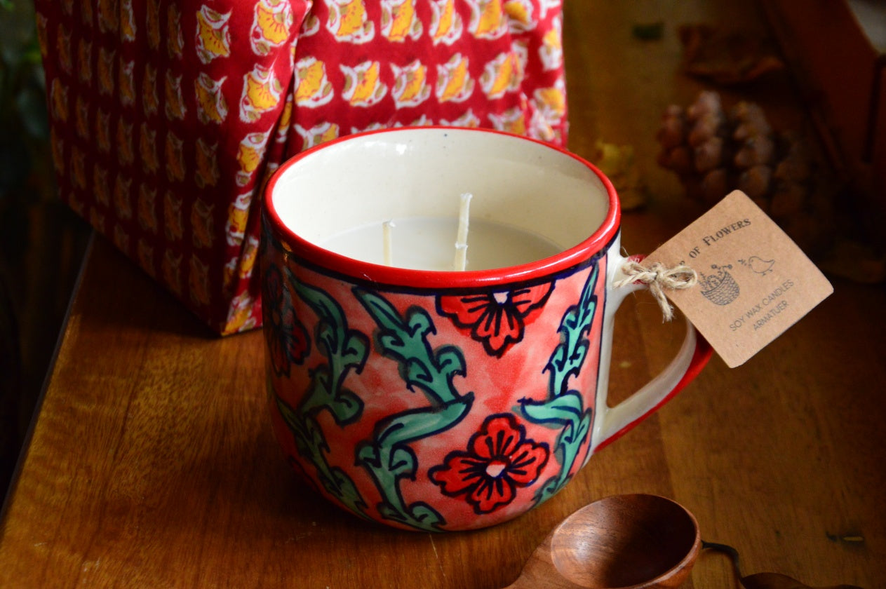 Cup of Flowers | 3 Wick Candle in a Ceramic Soup Mug | Red Furoshiki Gift
