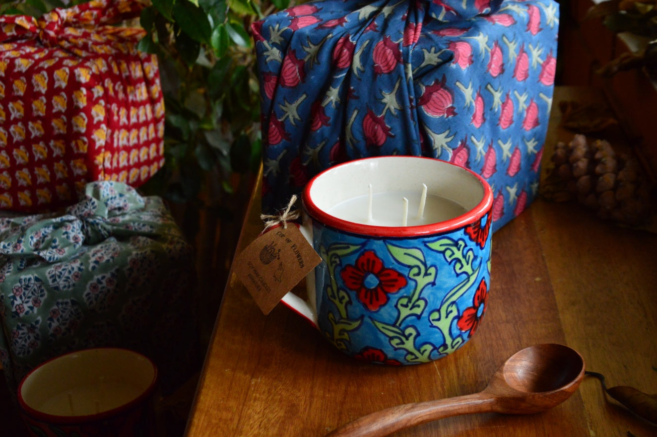 Cup of Flowers | 3 Wick Candle in a Ceramic Soup Mug | Blue Furoshiki Gift