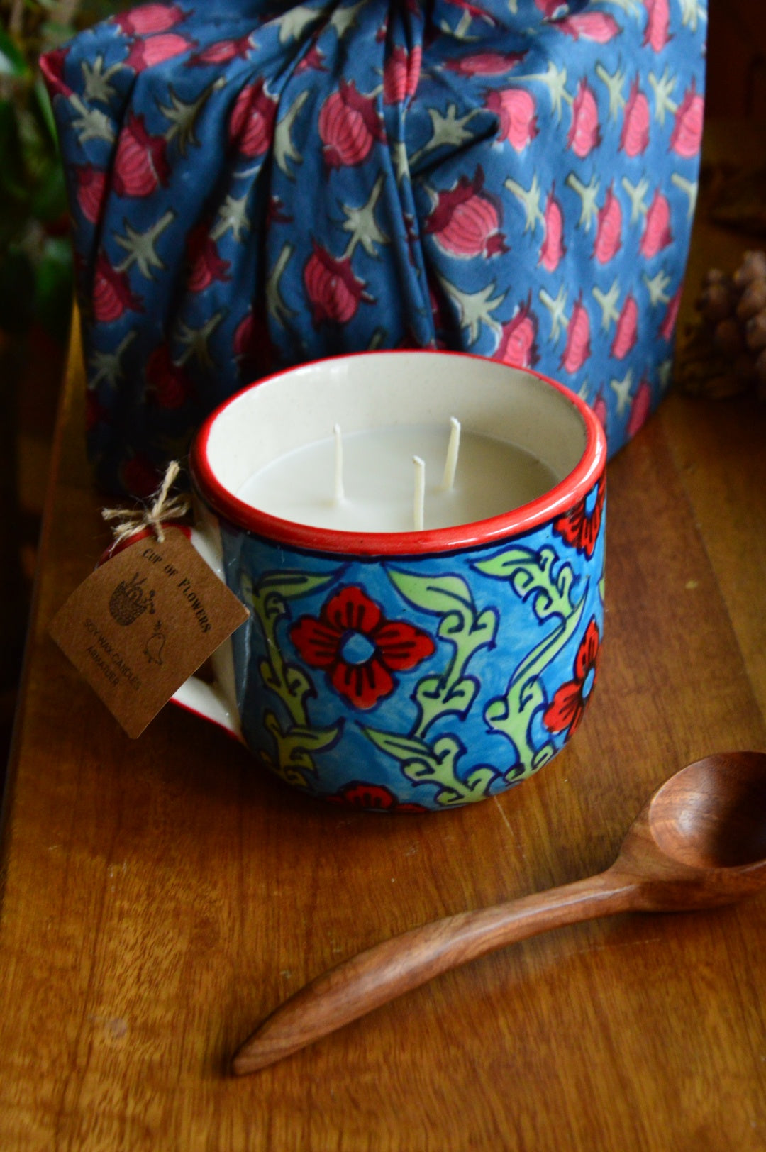 Cup of Flowers | 3 Wick Candle in a Ceramic Soup Mug | Blue Furoshiki Gift