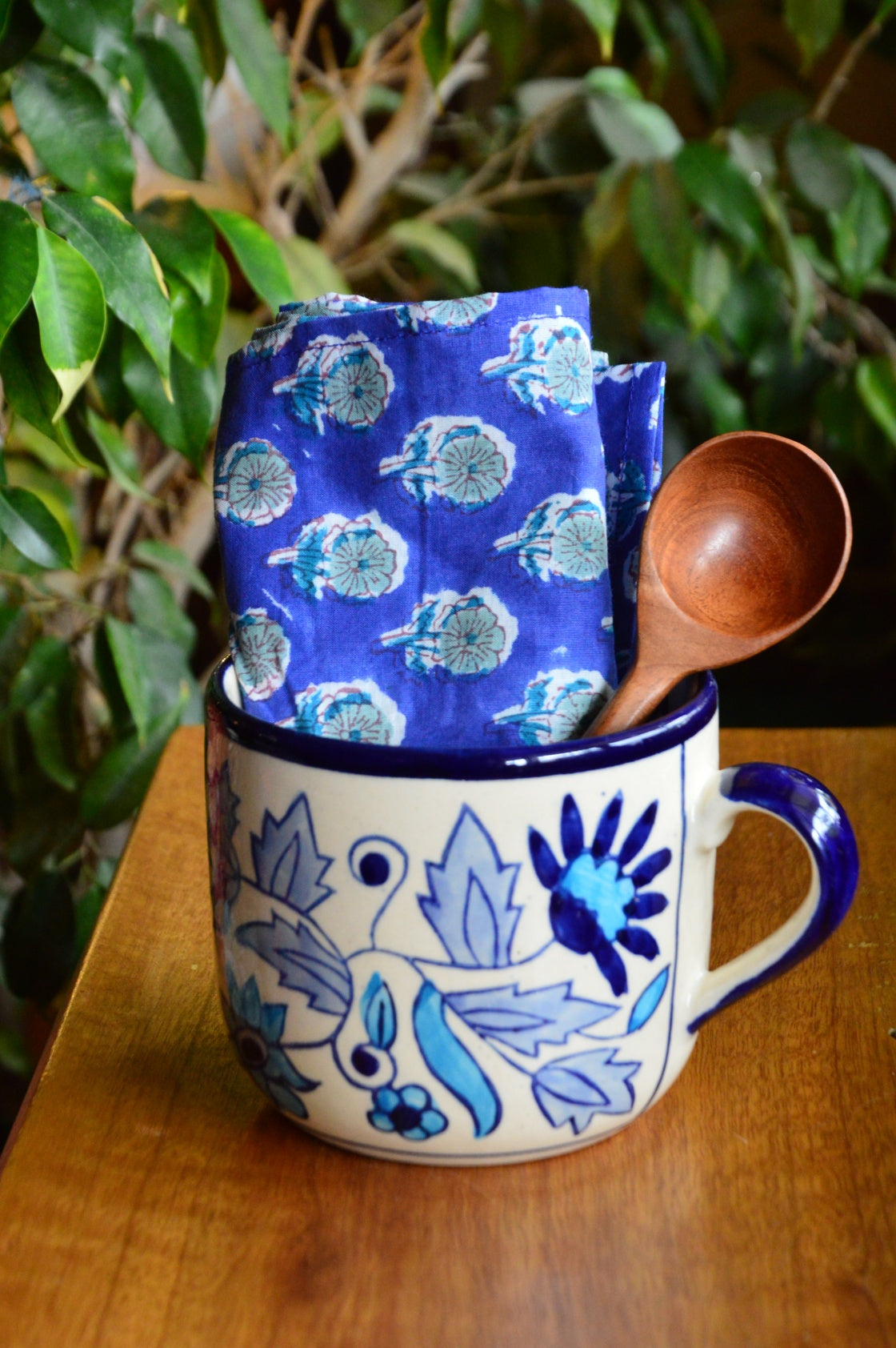 Cup of Flowers | 3 Wick Candle in a Ceramic Soup Mug | Dark Blue Furoshiki Gift