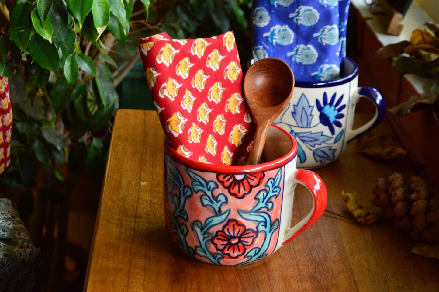 Cup of Flowers | 3 Wick Candle in a Ceramic Soup Mug | Red Furoshiki Gift