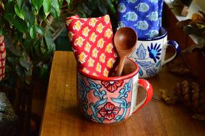 Cup of Flowers | 3 Wick Candle in a Ceramic Soup Mug | Red Furoshiki Gift