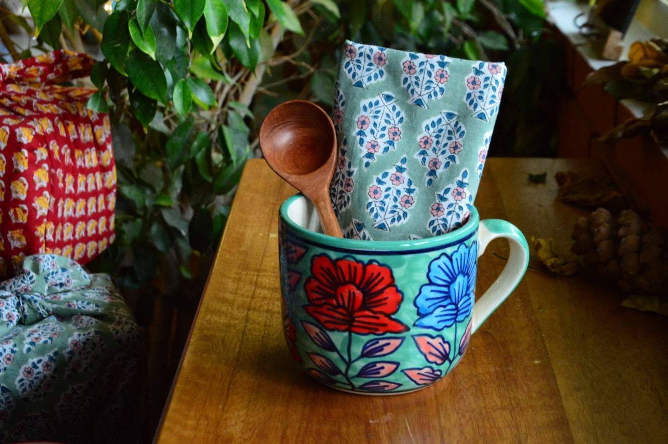 Cup of Flowers | 3 Wick Candle in a Ceramic Soup Mug | Green Furoshiki Gift