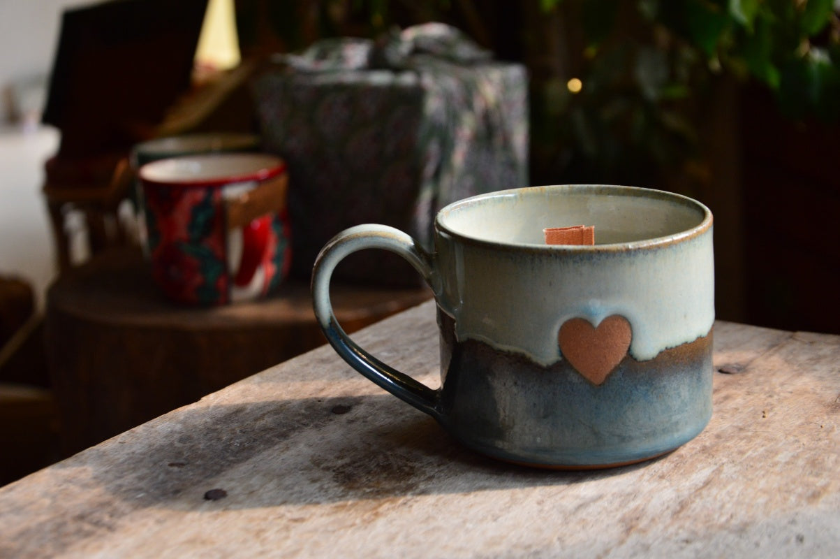Present from the Heart | Heart Cup, Saucer-Lid-Holder, Candle & Furoshiki | Blue