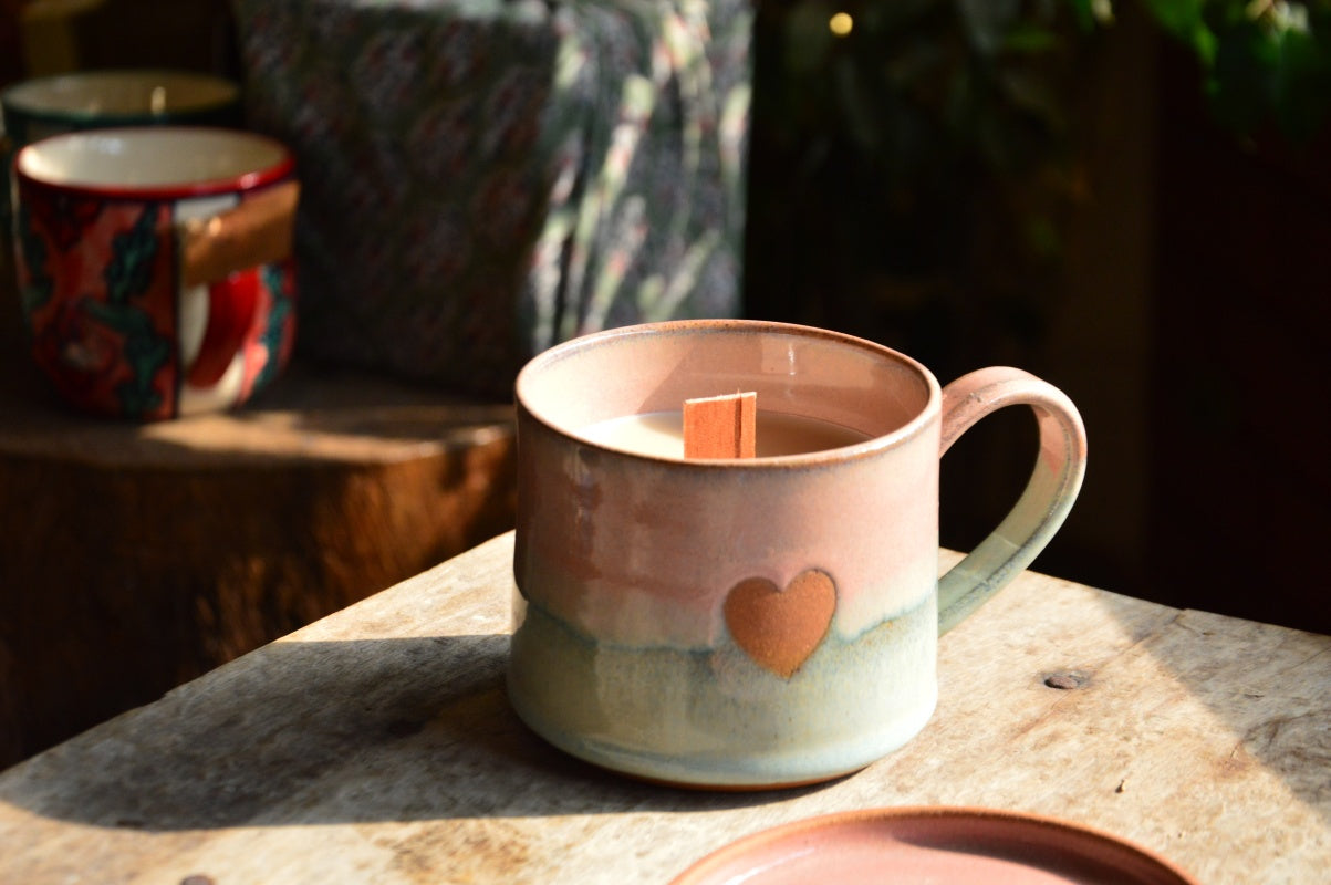 Present from the Heart | Heart Cup, Saucer-Lid-Holder, Candle & Furoshiki | Pink