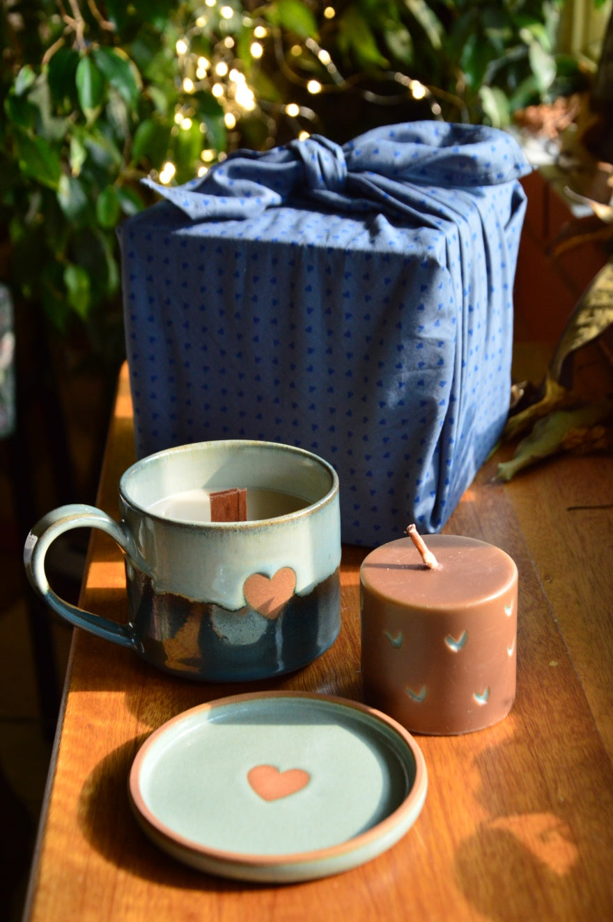 Present from the Heart | Heart Cup, Saucer-Lid-Holder, Candle & Furoshiki | Blue