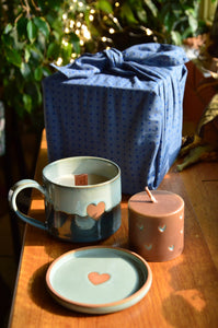 Present from the Heart | Heart Cup, Saucer-Lid-Holder, Candle & Furoshiki | Blue