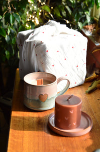 Present from the Heart | Heart Cup, Saucer-Lid-Holder, Candle & Furoshiki | Pink