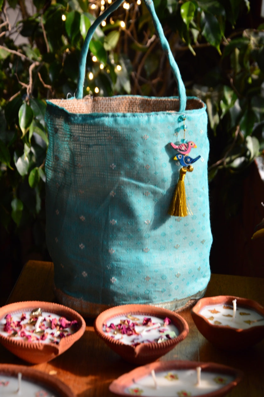 Festive Gift Bag with 10 assorted terracotta diyas | Blue Zari