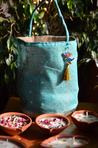 Festive Gift Bag with 10 assorted terracotta diyas | Blue Zari