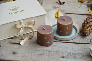 Carved Heart Pillar Candles and Ceramic Holder | Gift Box (Blue)