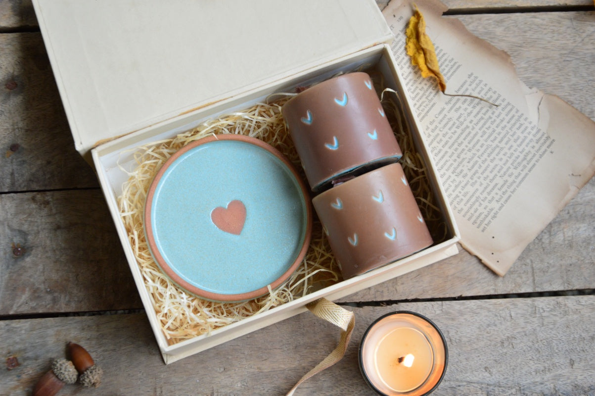 Carved Heart Pillar Candles and Ceramic Holder | Gift Box (Blue)