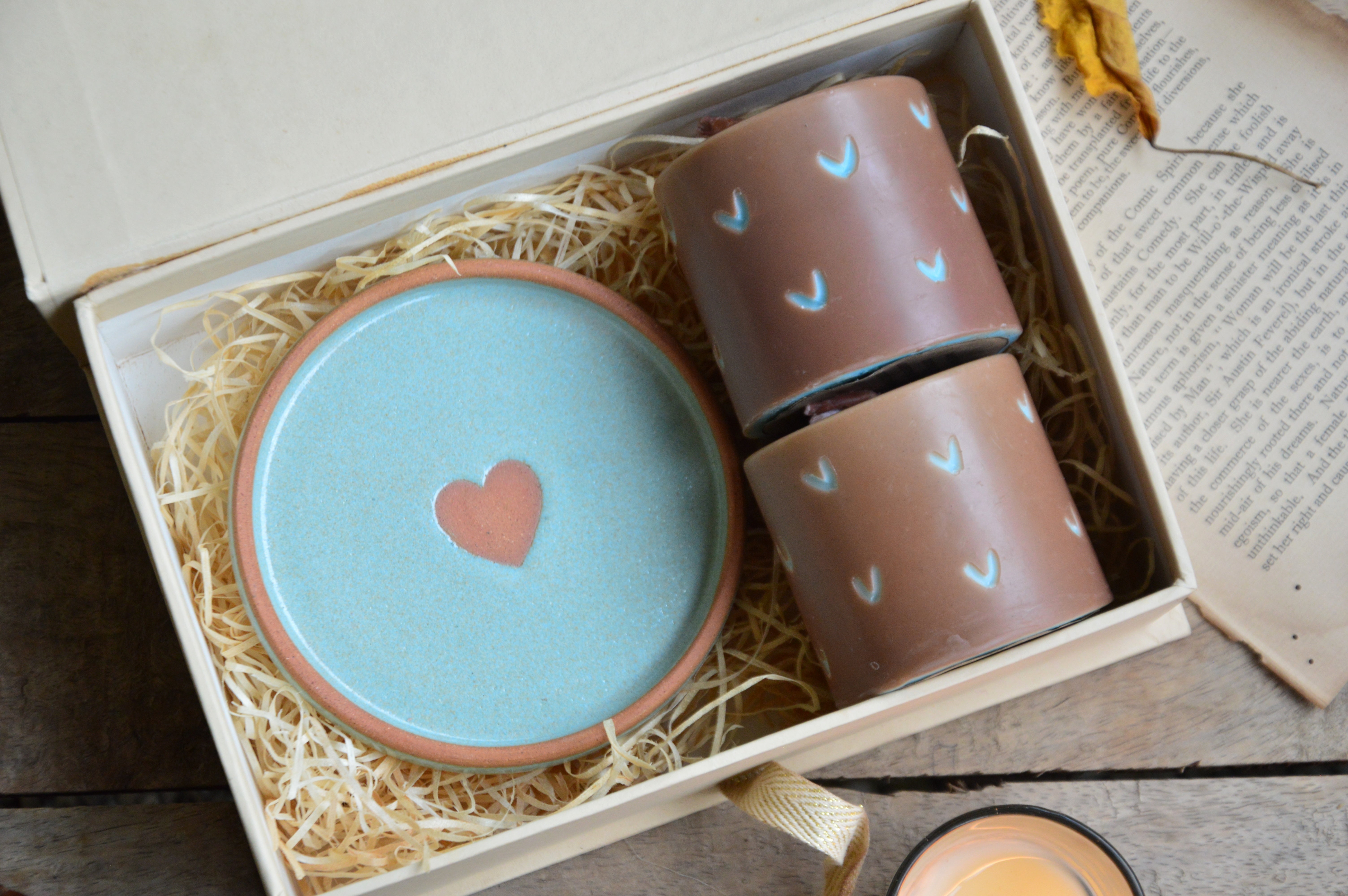 Carved Heart Pillar Candles and Ceramic Holder | Gift Box (Blue)