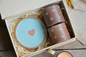 Carved Heart Pillar Candles and Ceramic Holder | Gift Box (Blue)