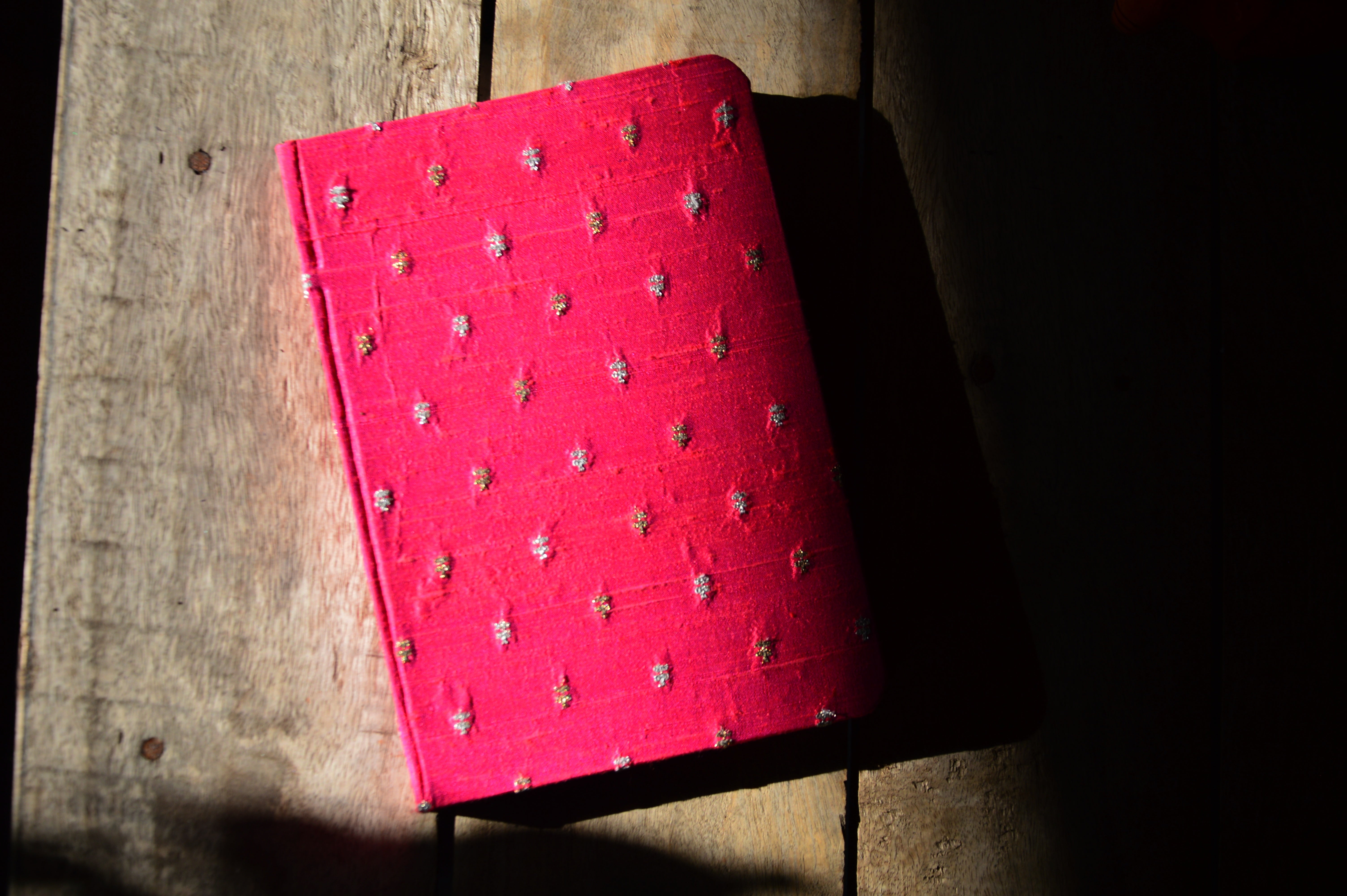 Pure Silk Fabric Journal Pink with Gold & Silver Flowers | Elements of Banaras