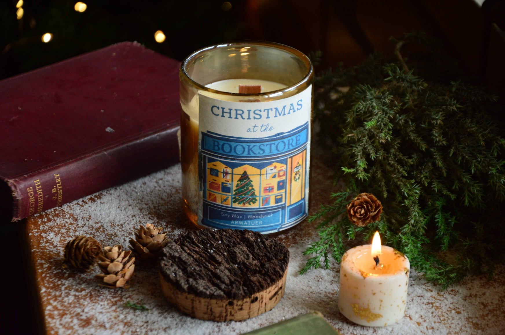 Christmas at the Bookstore | Woodwick Container Candle with a Bark Lid | Winter Edition
