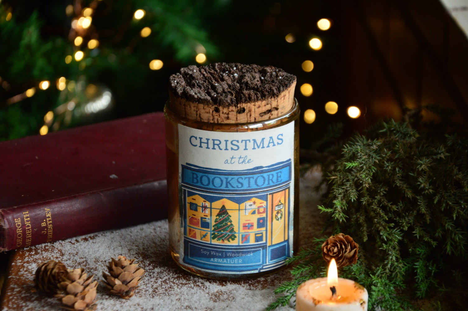 Christmas at the Bookstore | Woodwick Container Candle with a Bark Lid | Winter Edition