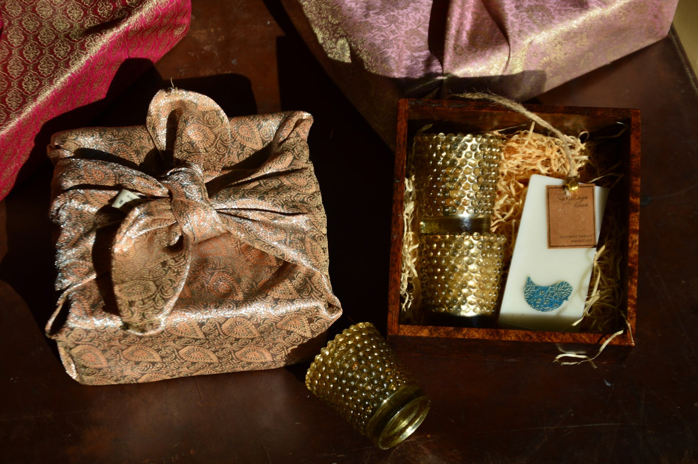 Festive Bird Furoshiki Gift Set with Round Textured Votives