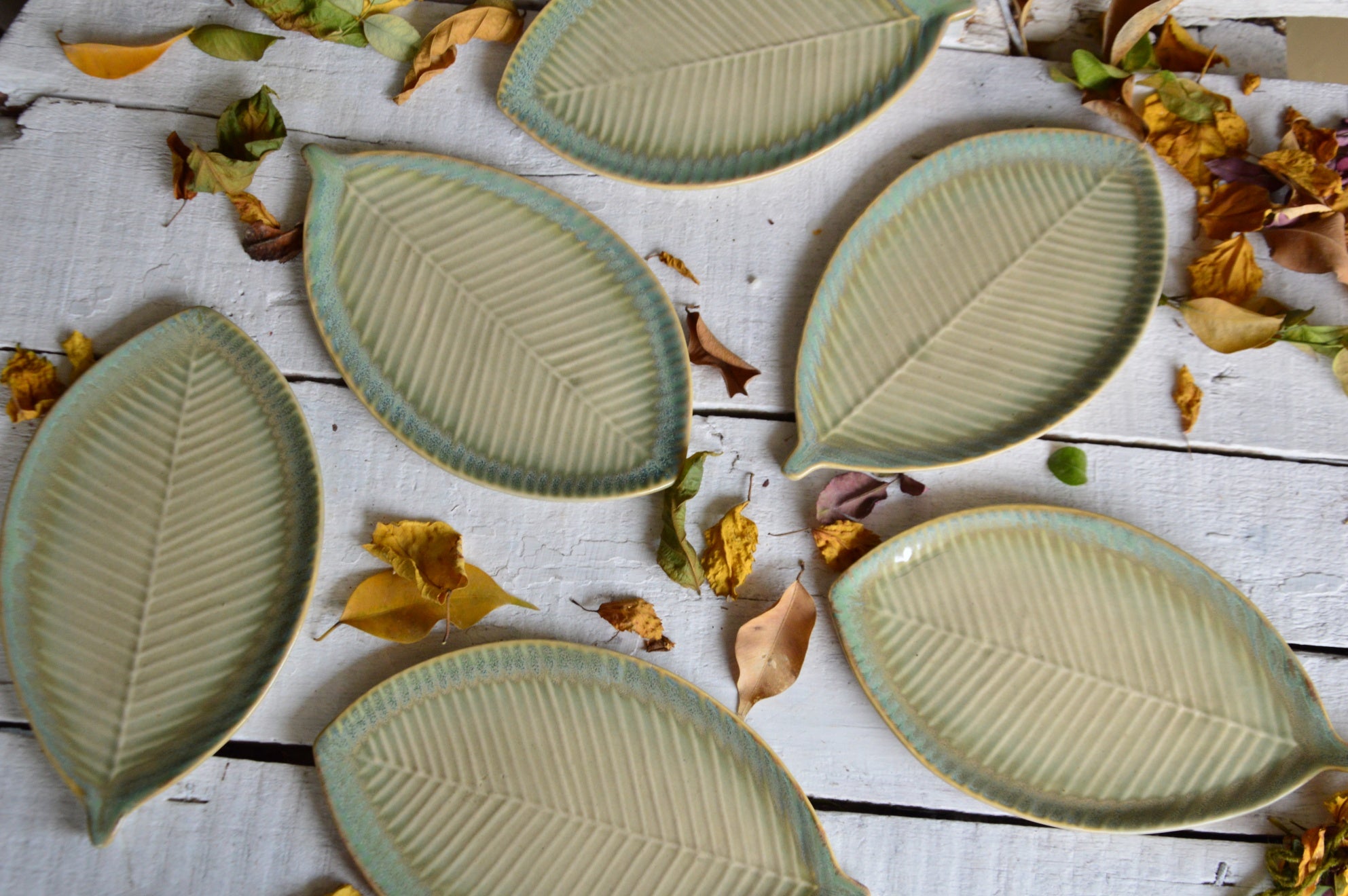 Leaf Shaped Ceramic Quarter Plates| Set of 6 Light Green