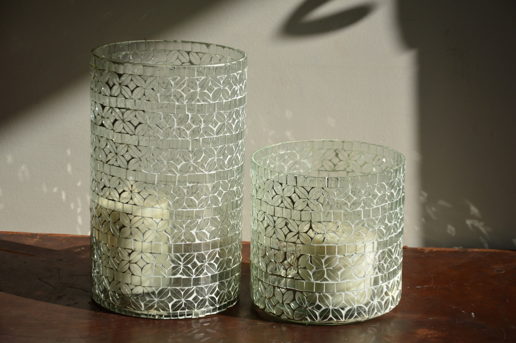 White Christmas Mosaic Holder Pair with Pillar Candles