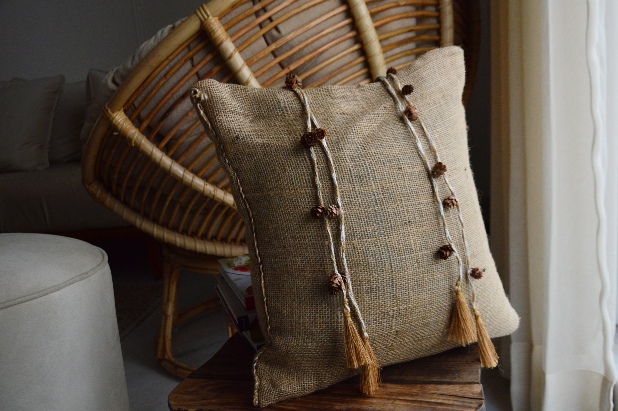 Jute Cushion Cover | Pine Cone Embelishments