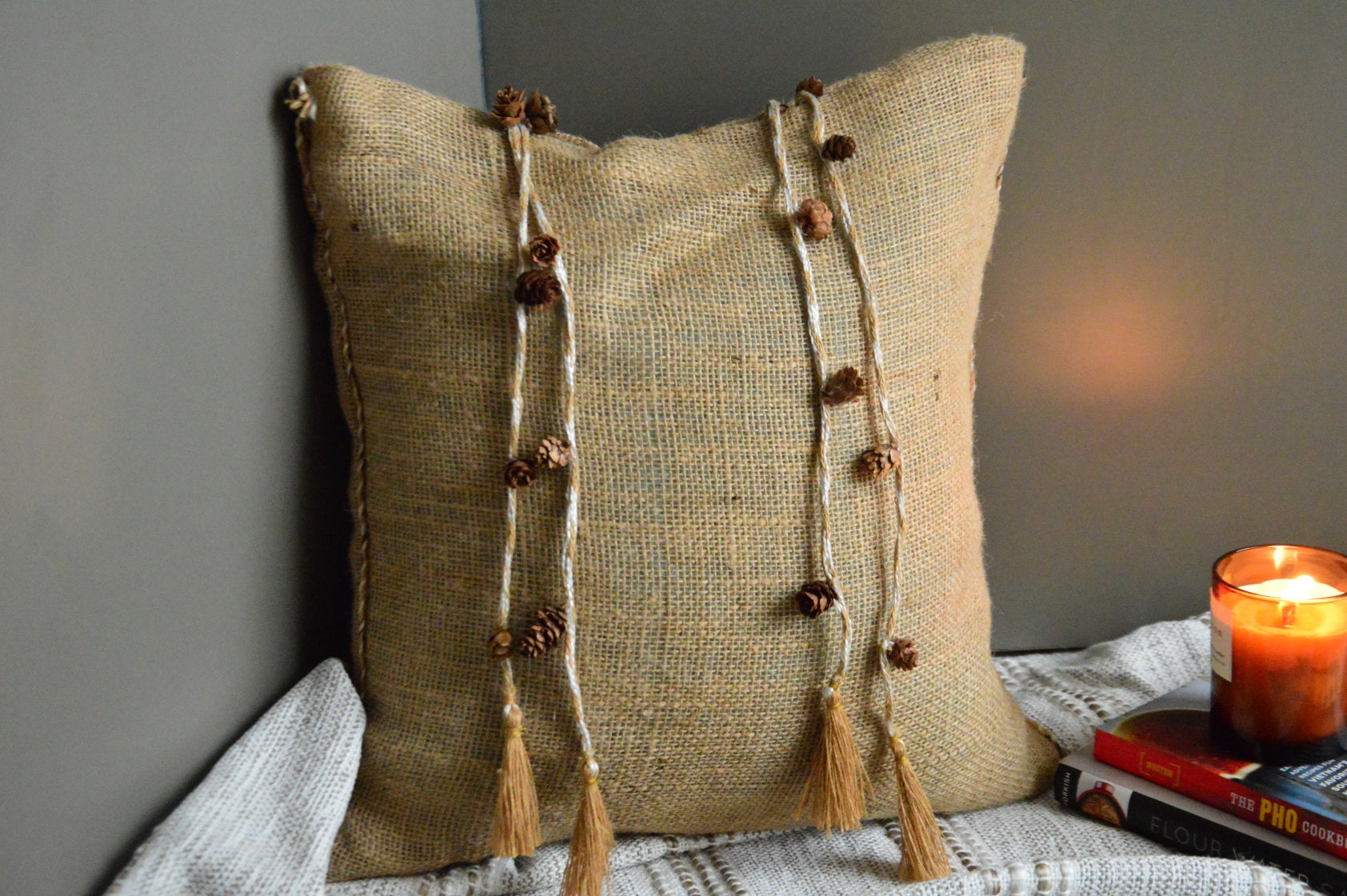 Jute Cushion Cover | Pine Cone Embelishments