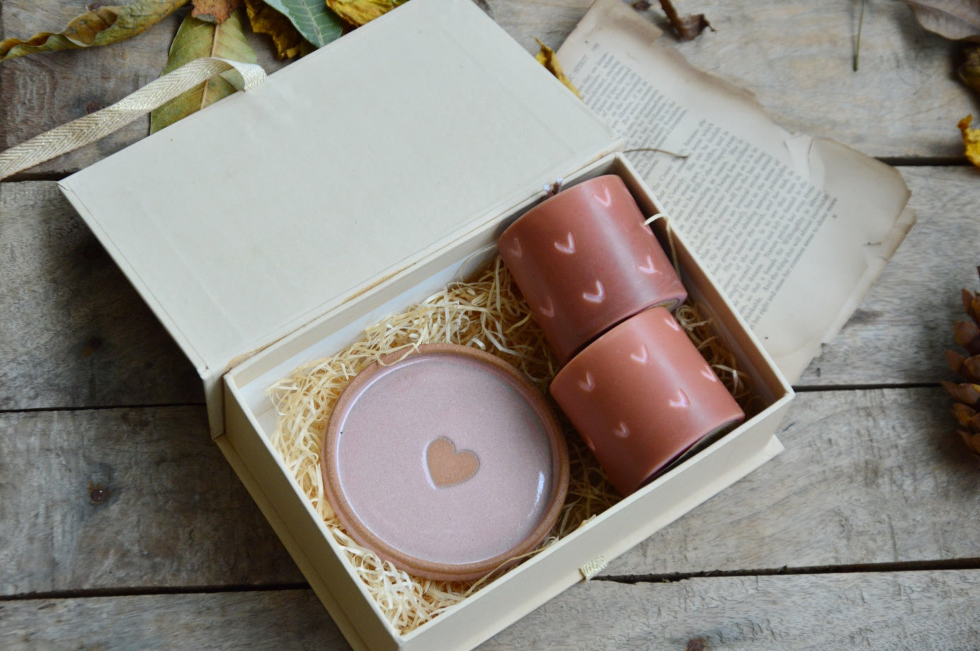 Carved Heart Pillar Candles and Ceramic Holder | Gift Box (Pink)