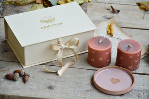 Carved Heart Pillar Candles and Ceramic Holder | Gift Box (Pink)