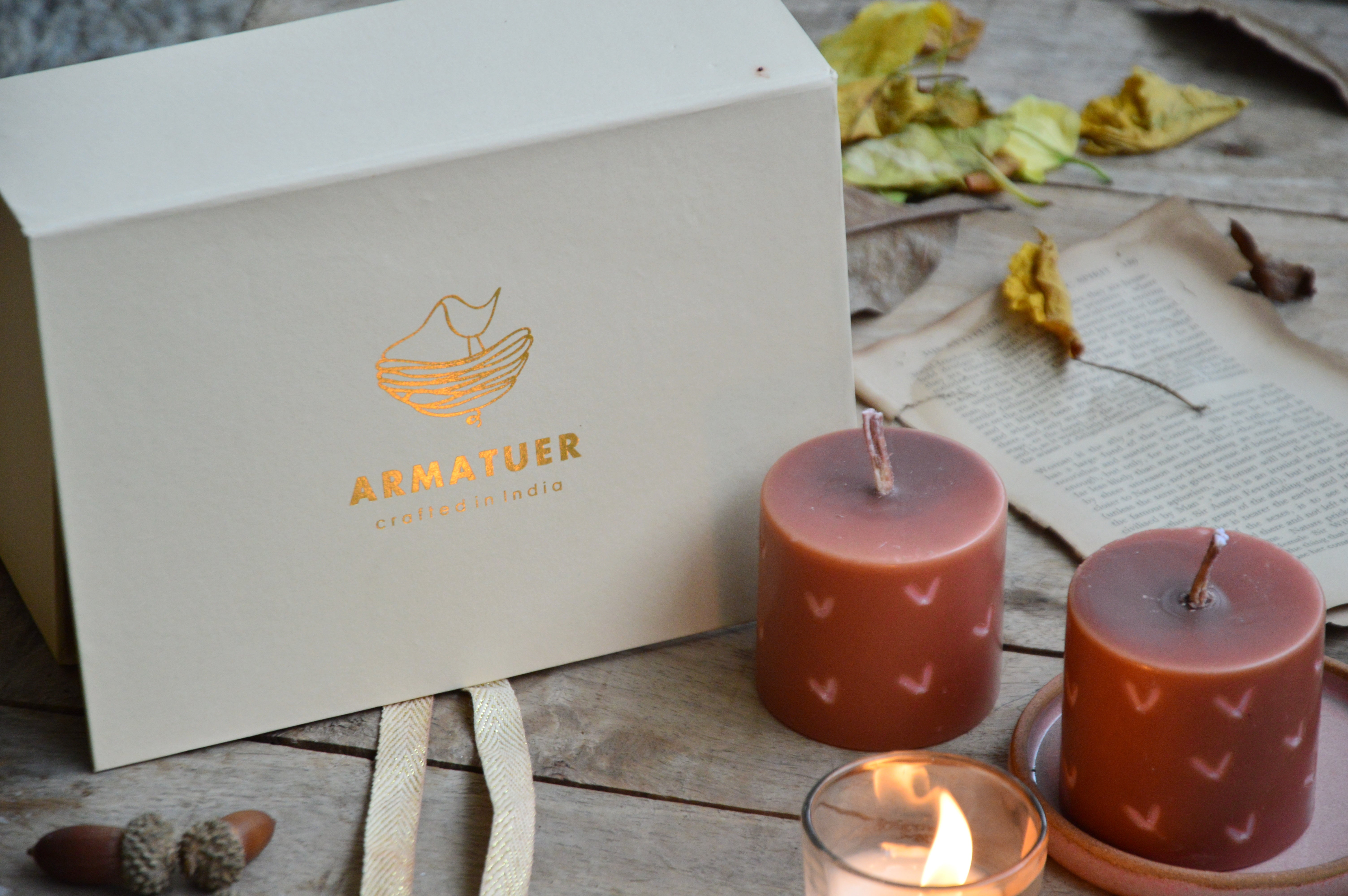 Carved Heart Pillar Candles and Ceramic Holder | Gift Box (Pink)